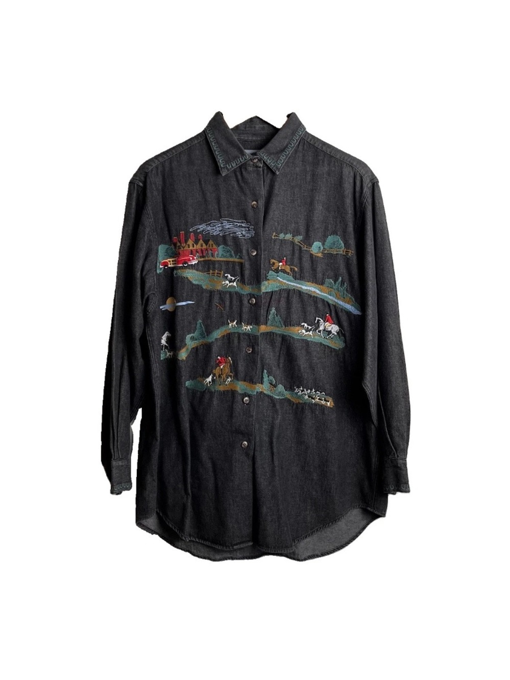 Vintage 1980s Women's Cambridge Dry Goods Co. Charcoal Denim Equestrian Shirt 6